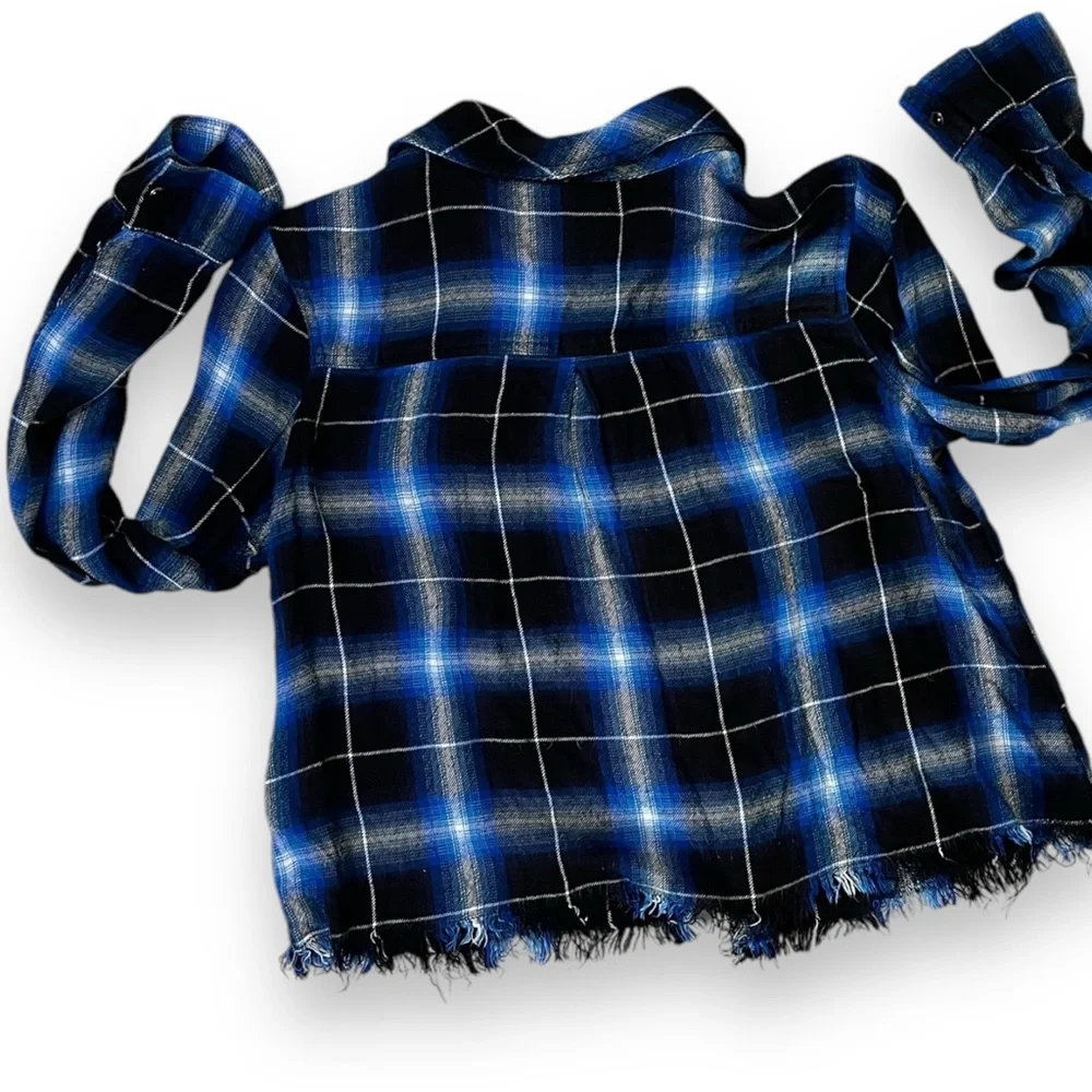 Justice Cropped Electr  Blue Plaid Long Sleeve Button Down Fringed Flannel - Picture 5 of 10
